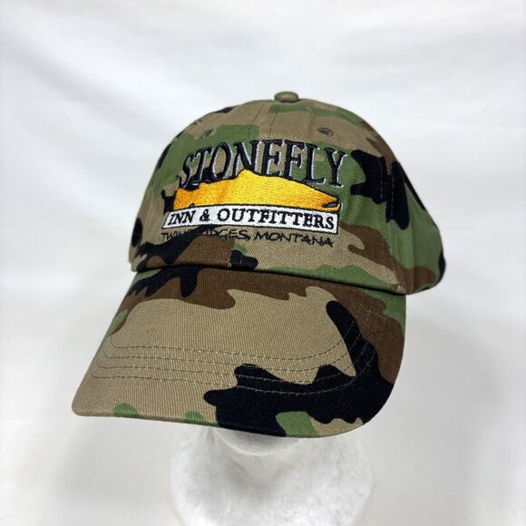 Simms Fishing Stonefly Outfitters Montana Camo Embroidered Strapback Cap Hat - Picture 1 of 7
